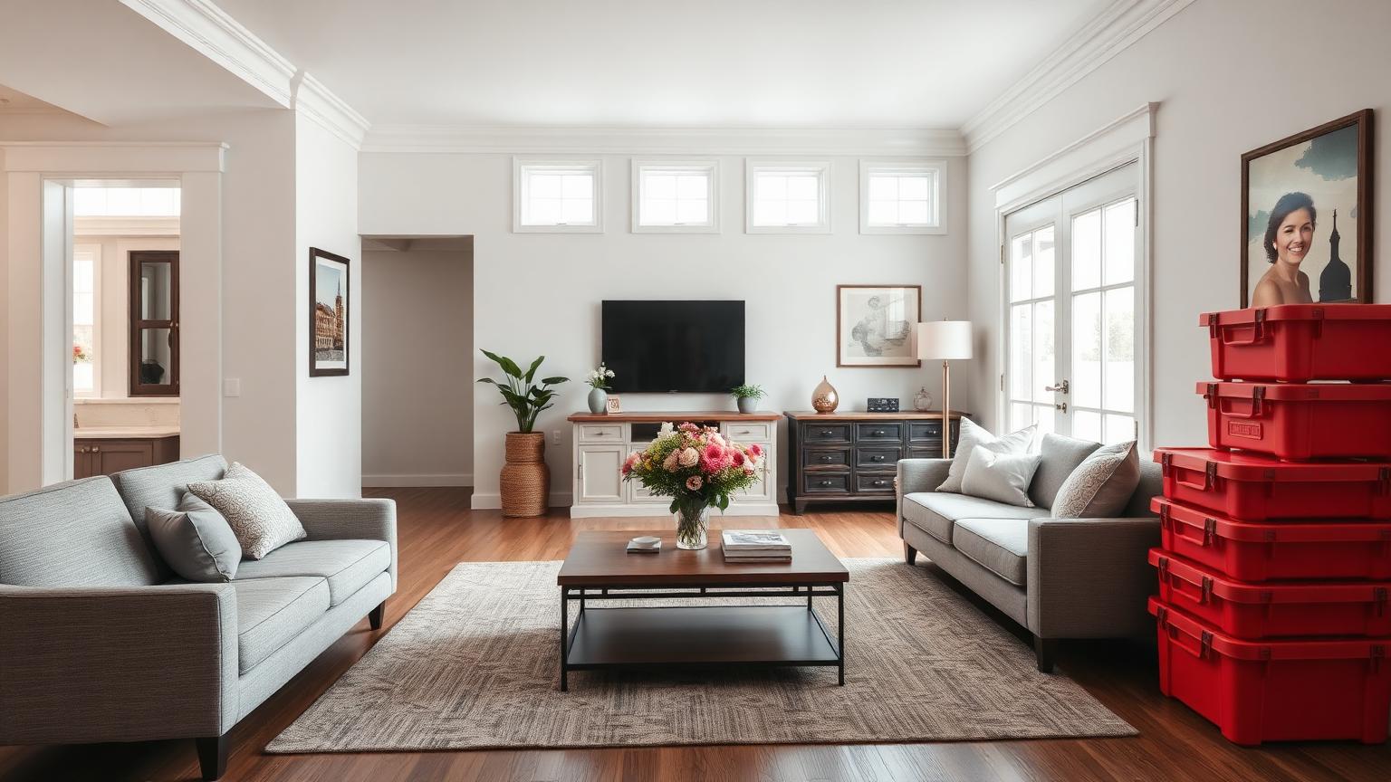 A staged, decluttered living room with red moving totes stacked near the entry