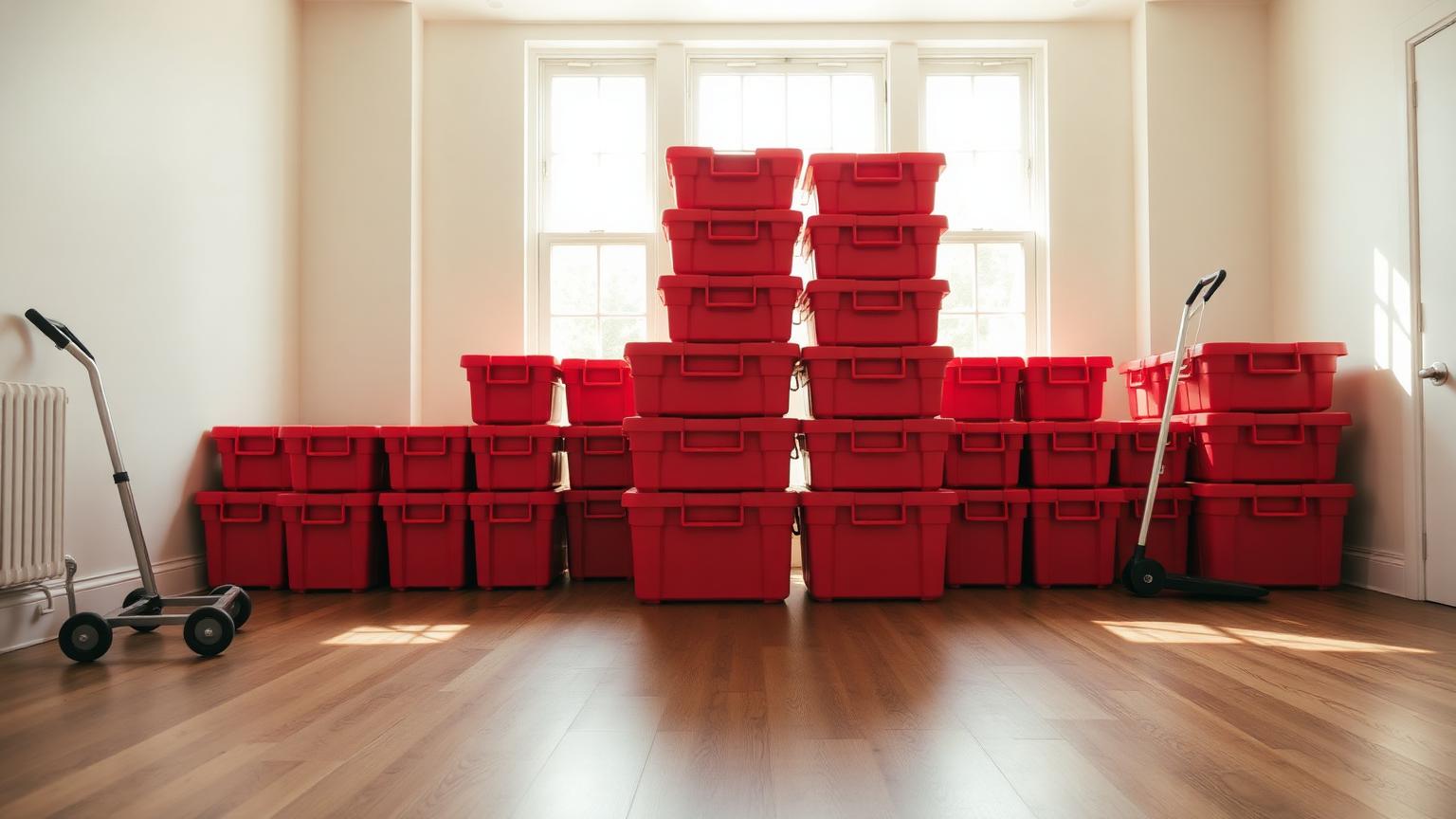 Rows of red moving totes and a dolly arranged in an empty apartment living room