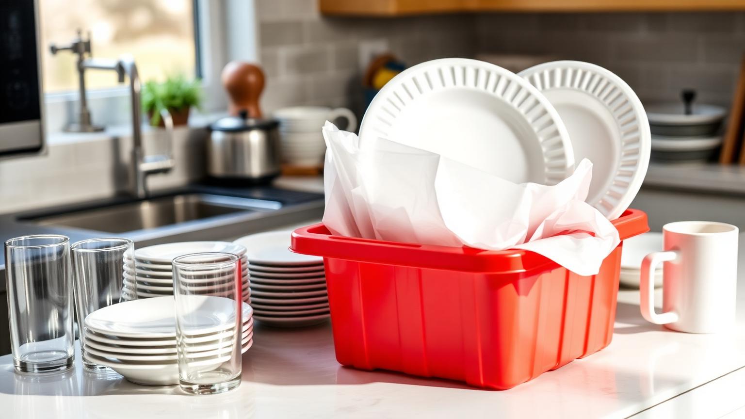 Plates wrapped in packing paper being loaded into a red moving tote on a kitchen counter
