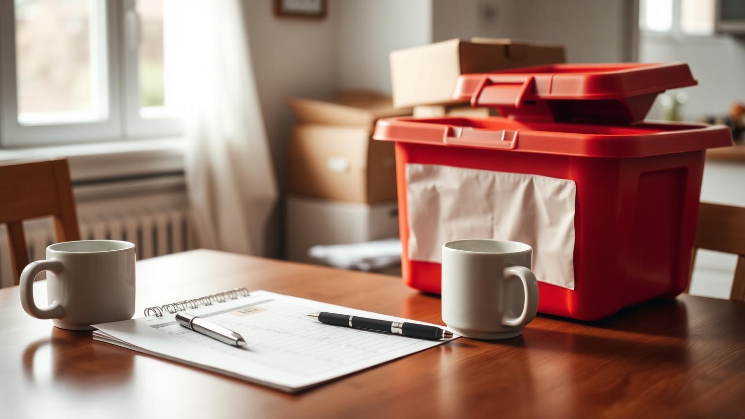A moving checklist and coffee mug on a kitchen table beside a partly packed red tote