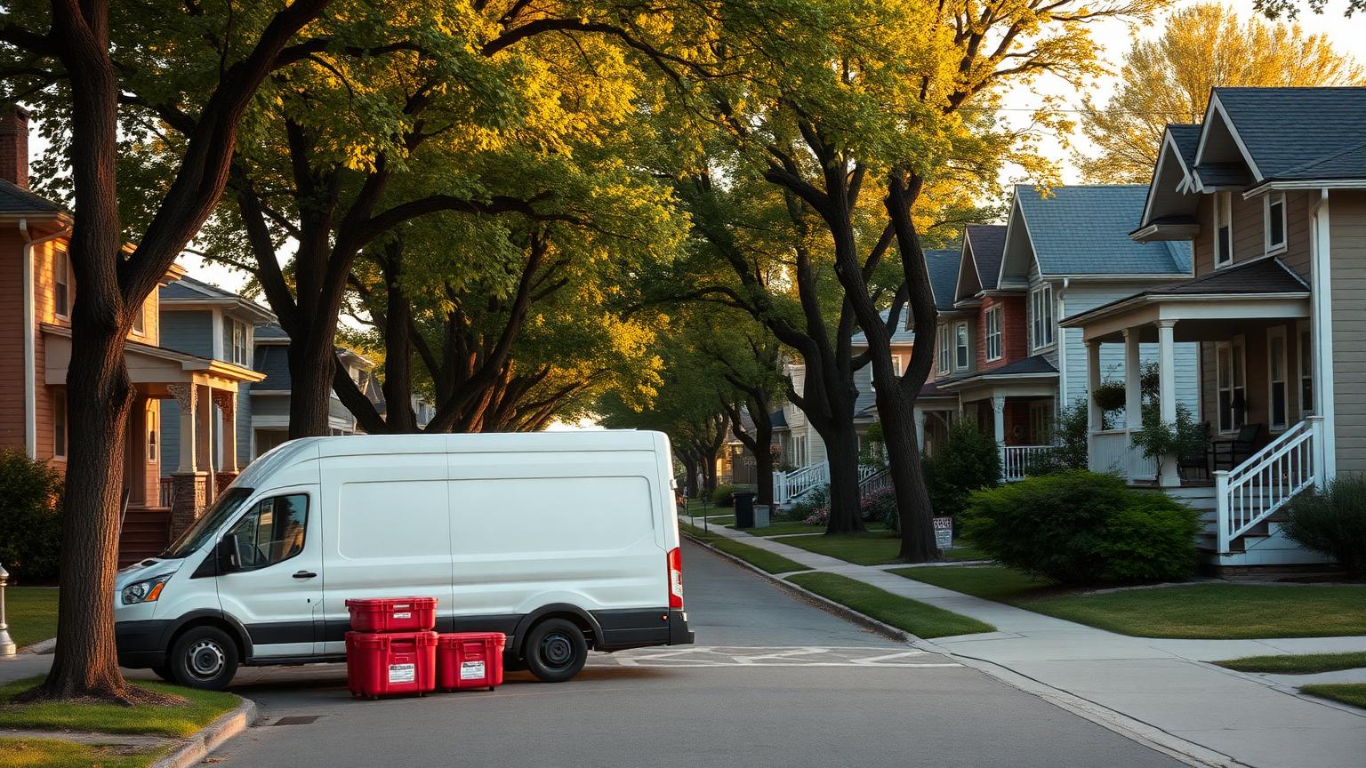 A moving van and red totes on a tree-lined street of older Madison homes
