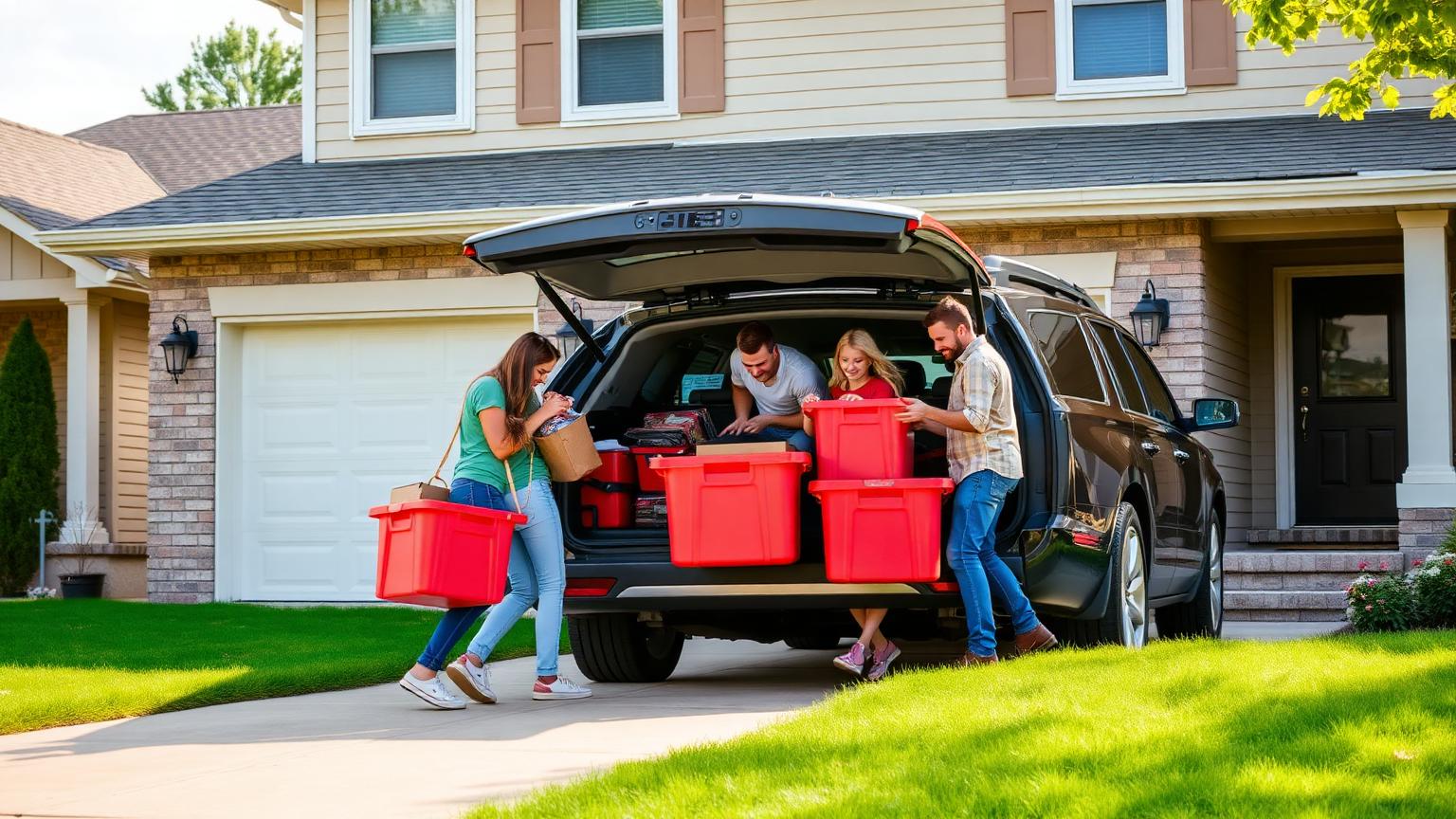 A family unloading red moving totes in the driveway of a suburban Verona-area home