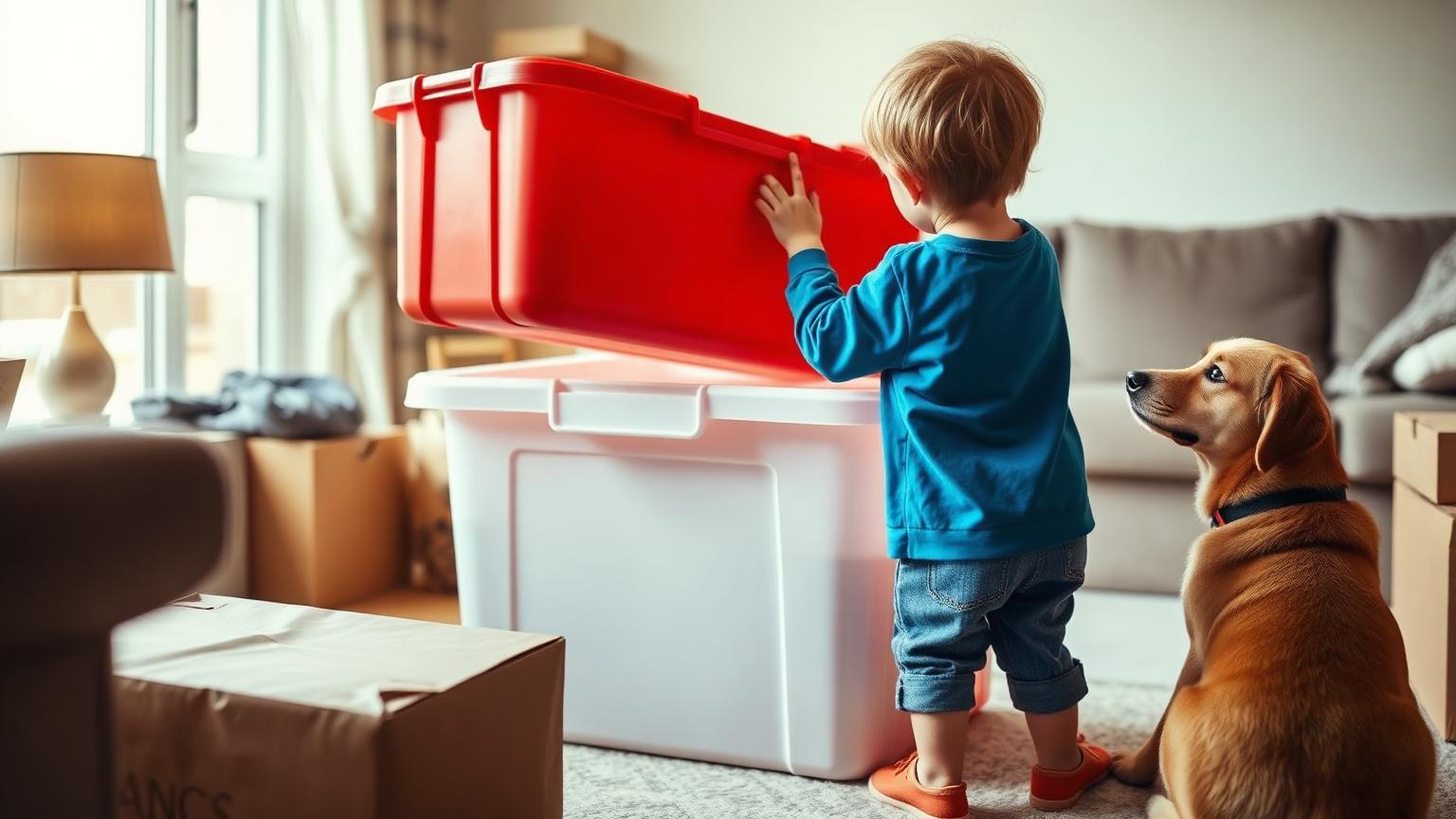 A child helping pack a red moving tote while the family dog watches