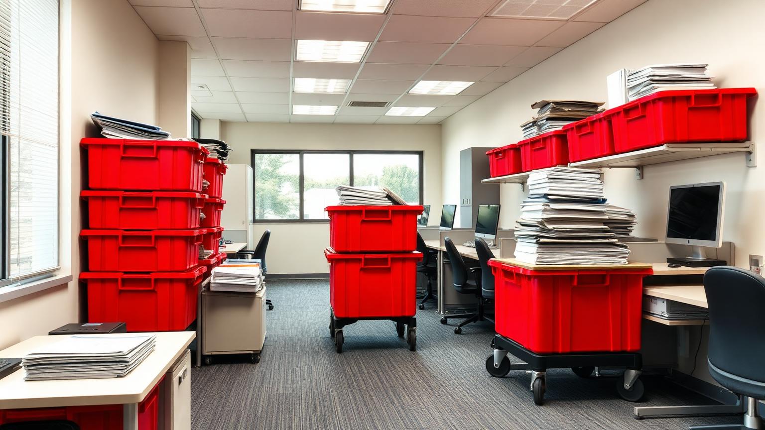 An office being packed into red moving totes on rolling carts over a weekend