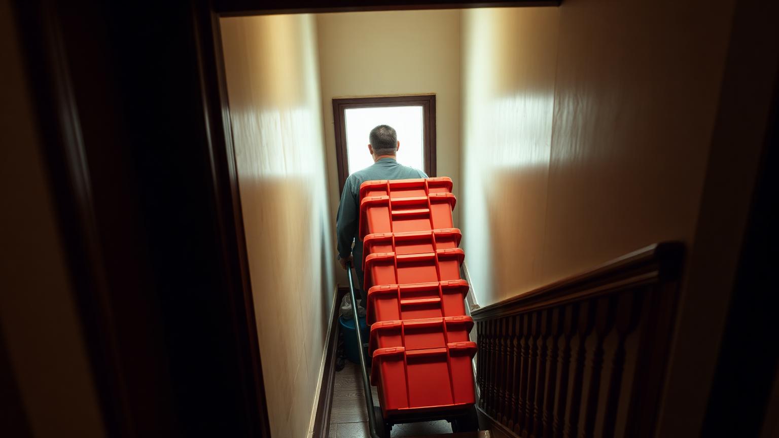 A mover wheeling a dolly stacked with red totes through a narrow older stairwell
