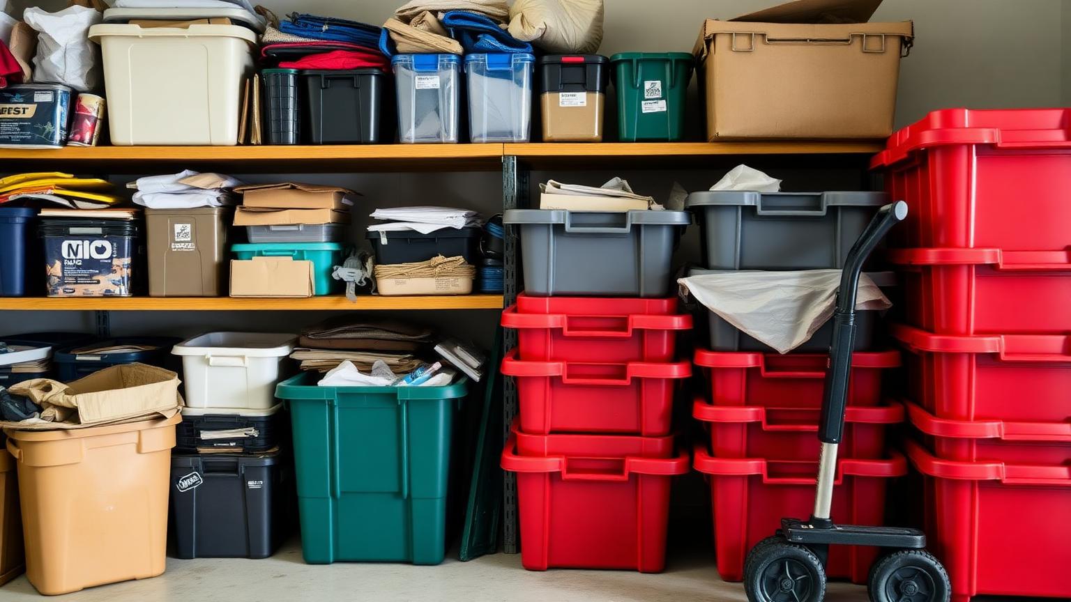 A crowded garage shelf of leftover bins beside a tidy delivered stack of red rental totes