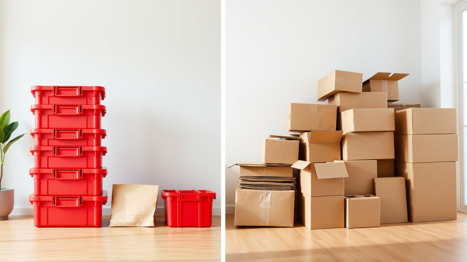 A neat stack of red reusable moving totes beside a leaning pile of cardboard boxes