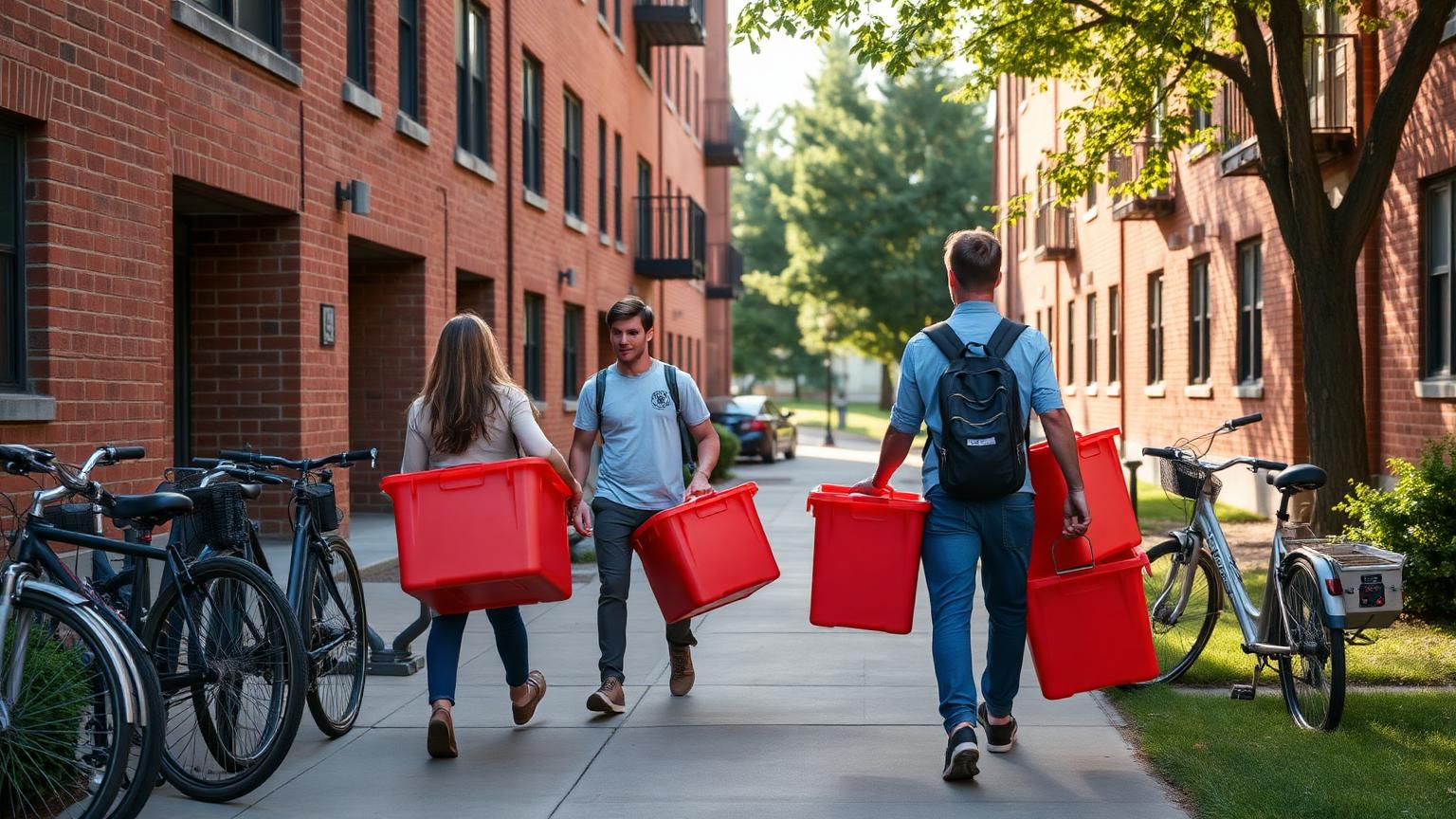 Students carrying red moving totes out of a brick campus apartment building