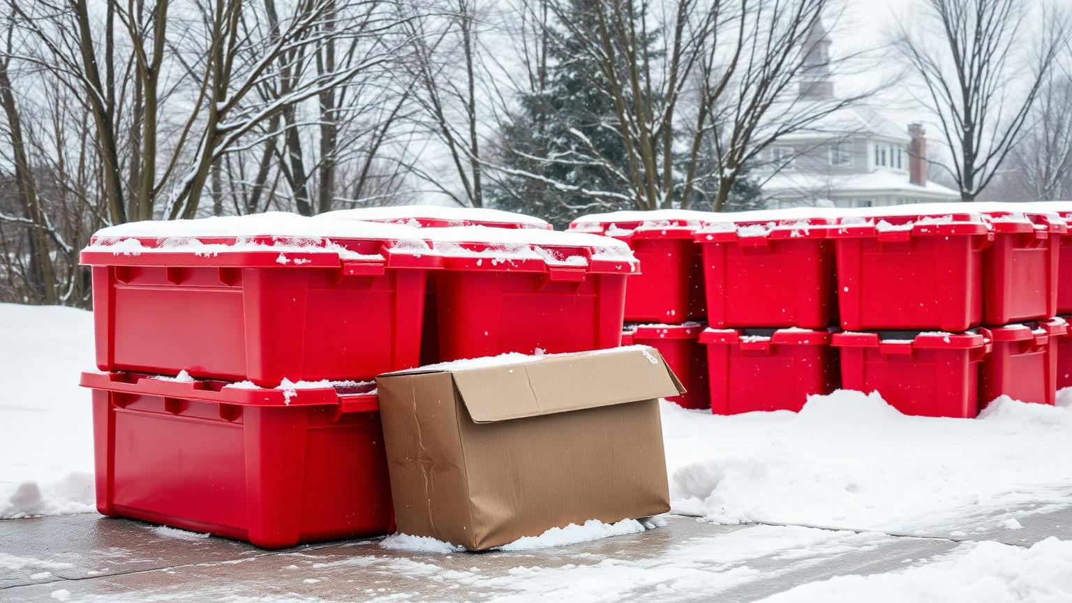 Snow-dusted red moving totes on a driveway next to a collapsing wet cardboard box
