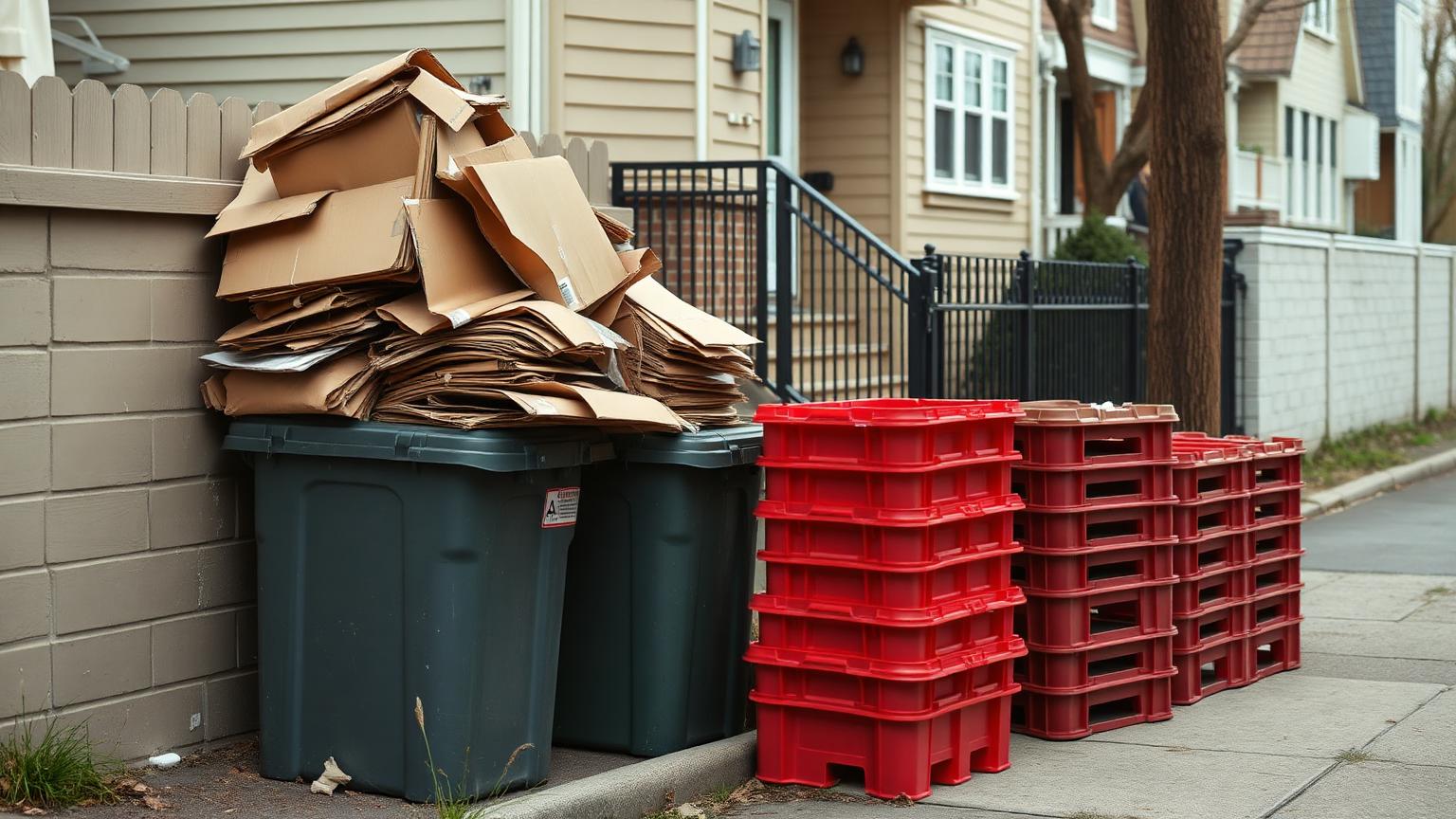 Flattened cardboard overflowing a curbside recycling bin next to clean stacked reusable totes